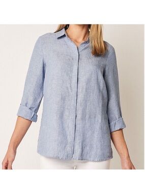 blue illusion L Chambray Ink across Dye Blue Long Sleeve Button Front Shirt